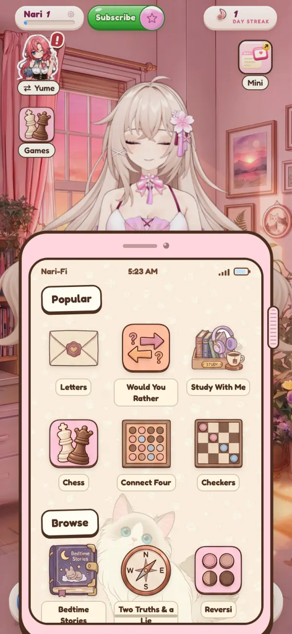 The NariYume games menu with Letters, Would You Rather, Chess, Connect Four and Checkers