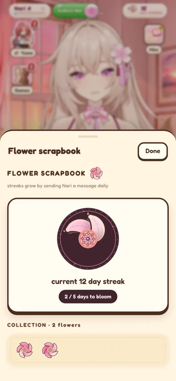 The flower scrapbook showing a 12-day streak and two collected flowers